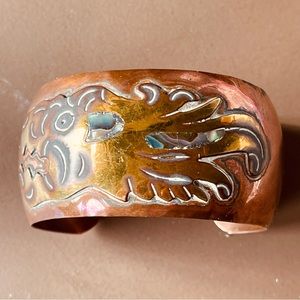 Vintage Dragon copper and brass cuff bracelet with abalone inlay